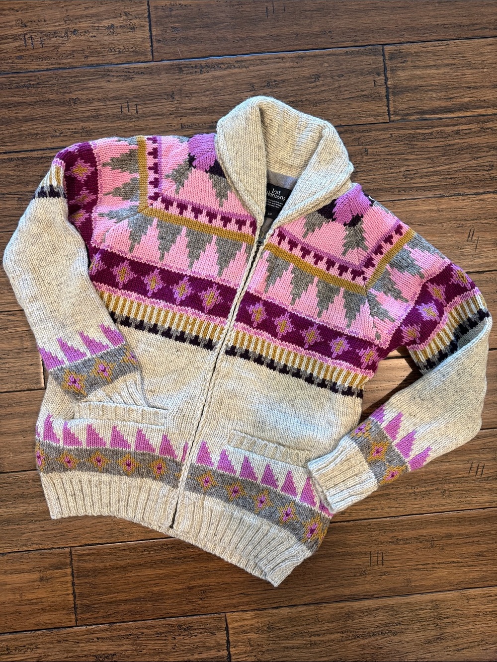Lost Horizons Hand Knit Wool Zip Cardigan Fleece Lined Nordic Fair Isle Sweate